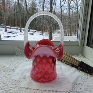 Fenton Cranberry opalescent heart basket